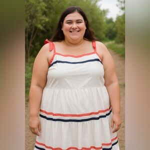 Lane Bryant Plus Size White Bohemian Dress with Summer Ribbon Stripes- Size 26